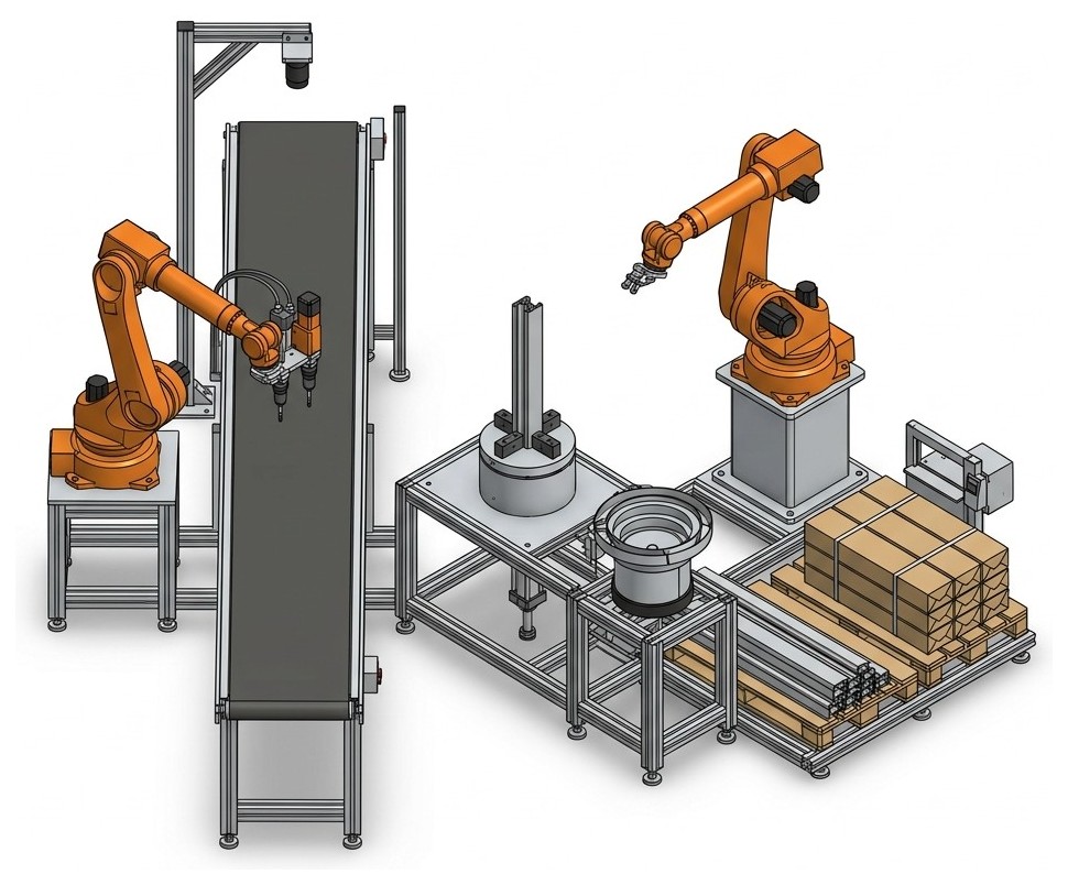 Technische Darstellung einer Roboterzelle mit zwei KUKA-Sechsachs-Robotern, Rundtisch, Förderband und Palettierung